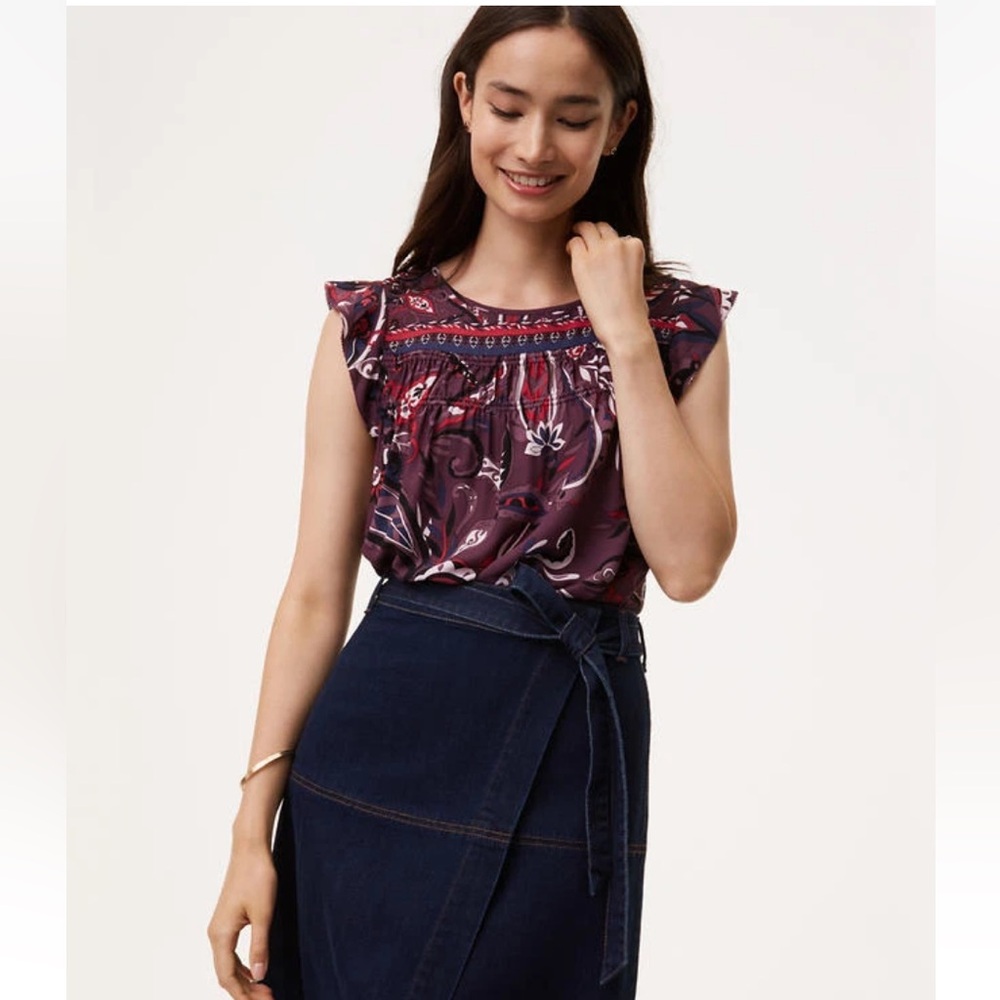 LOFT Purple Paisley Floral Flutter Sleeve Blouse Size XXL